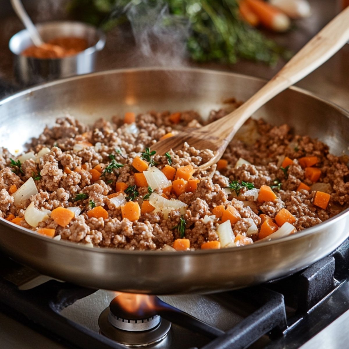 A sautéed mixture of ground meat, onions, and diced carrots in a skillet with fresh thyme, gently stirred.