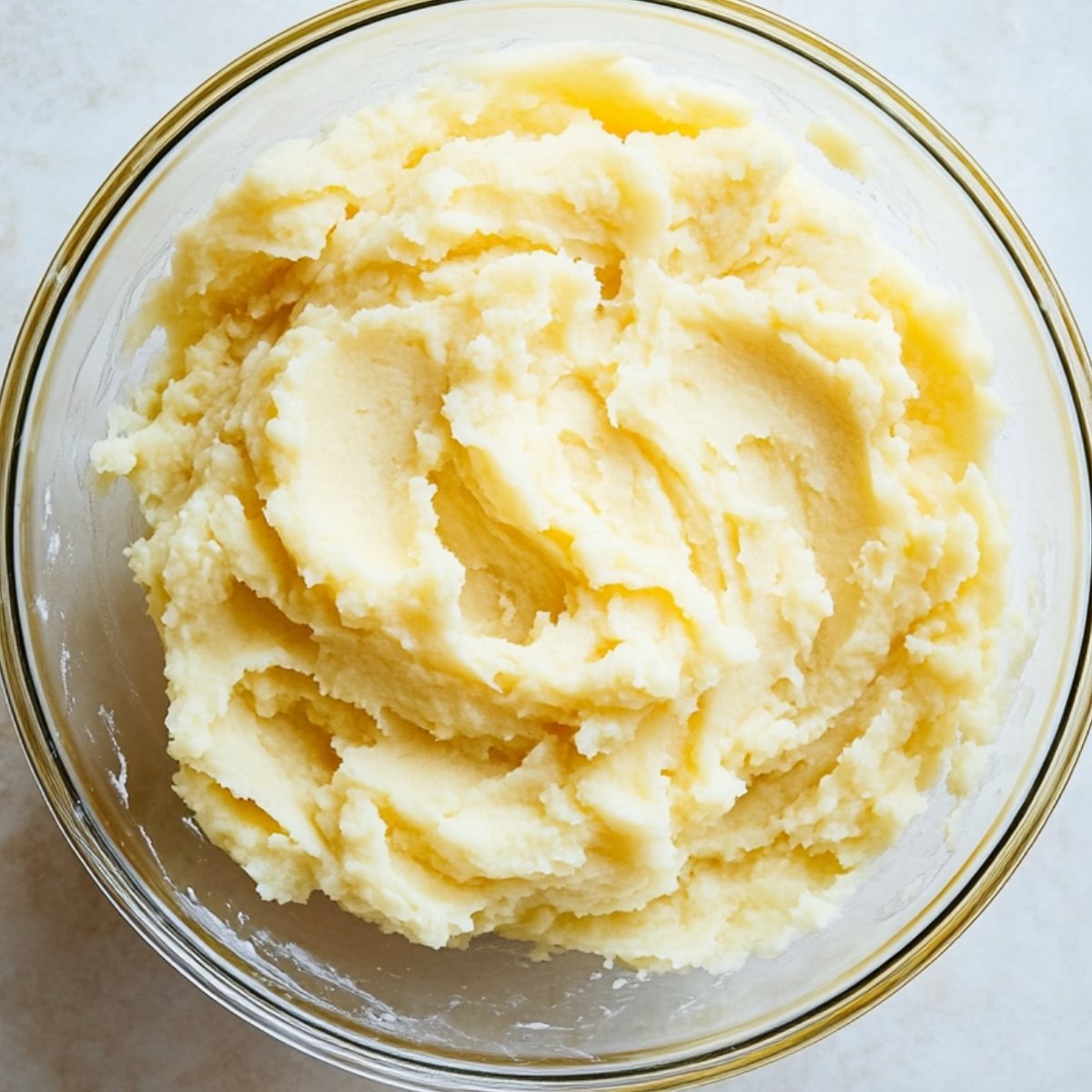 A bowl of fluffy mashed potatoes, showing a soft and smooth consistency, with a slight shine indicating some butter.