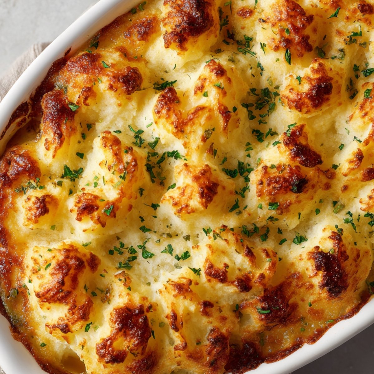 Close-up of a creamy mashed potato dish with a golden-brown crust on top, garnished with fresh parsley.