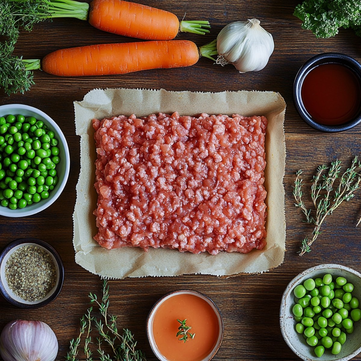 Ground meat, carrots, garlic, peas, and spices arranged for cooking, with some thyme and a cup of liquid beside it.