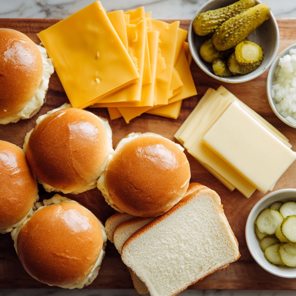 The ingredients for a Sloppy Joe recipe displayed on a wooden surface, featuring ground beef, chopped onions, green peppers, spices, and condiments like ketchup and Worcestershire sauce.