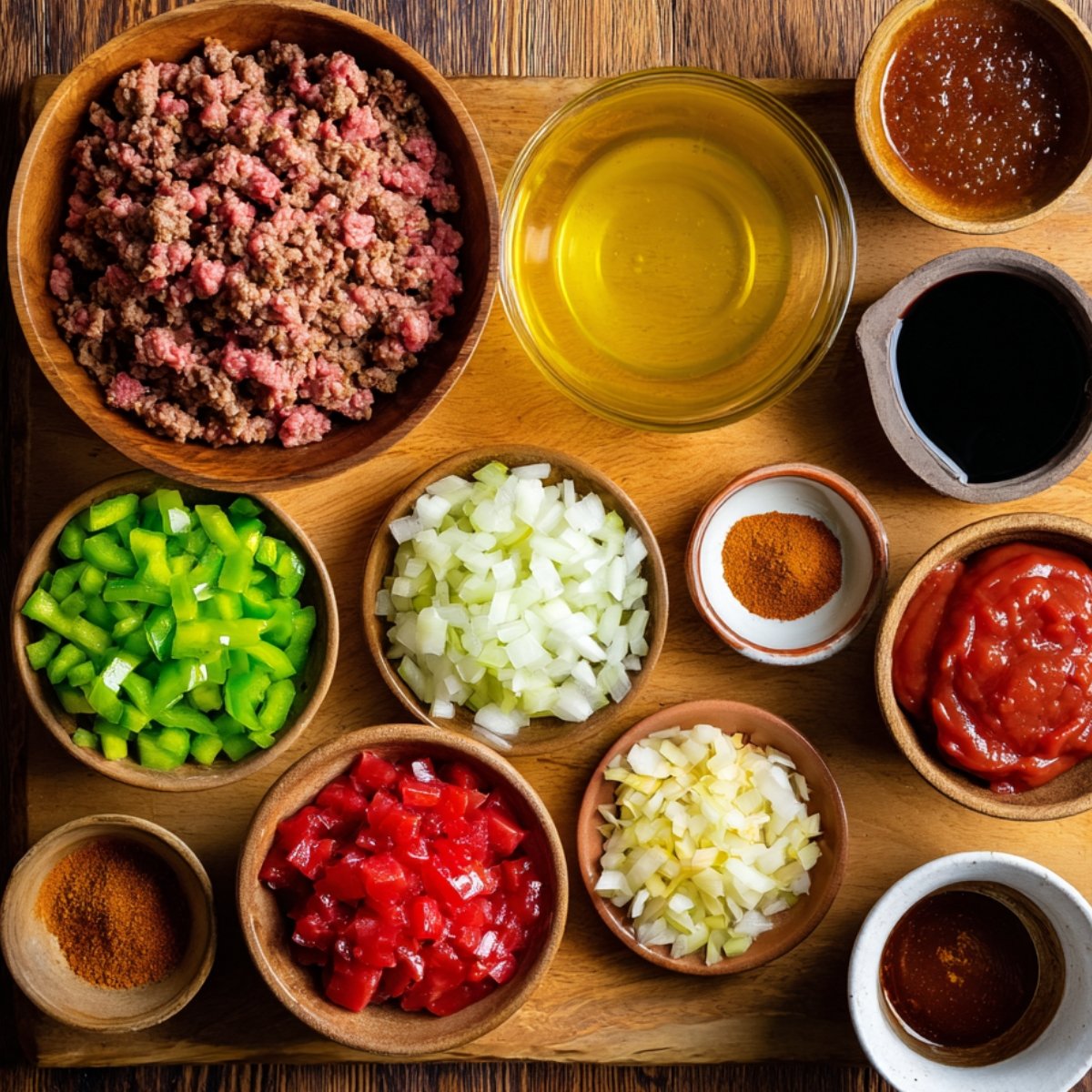 Ingredients for Sloppy Joe including ground beef, green pepper, onion, ketchup, Worcestershire sauce, tomato paste, and spices arranged neatly in bowls.