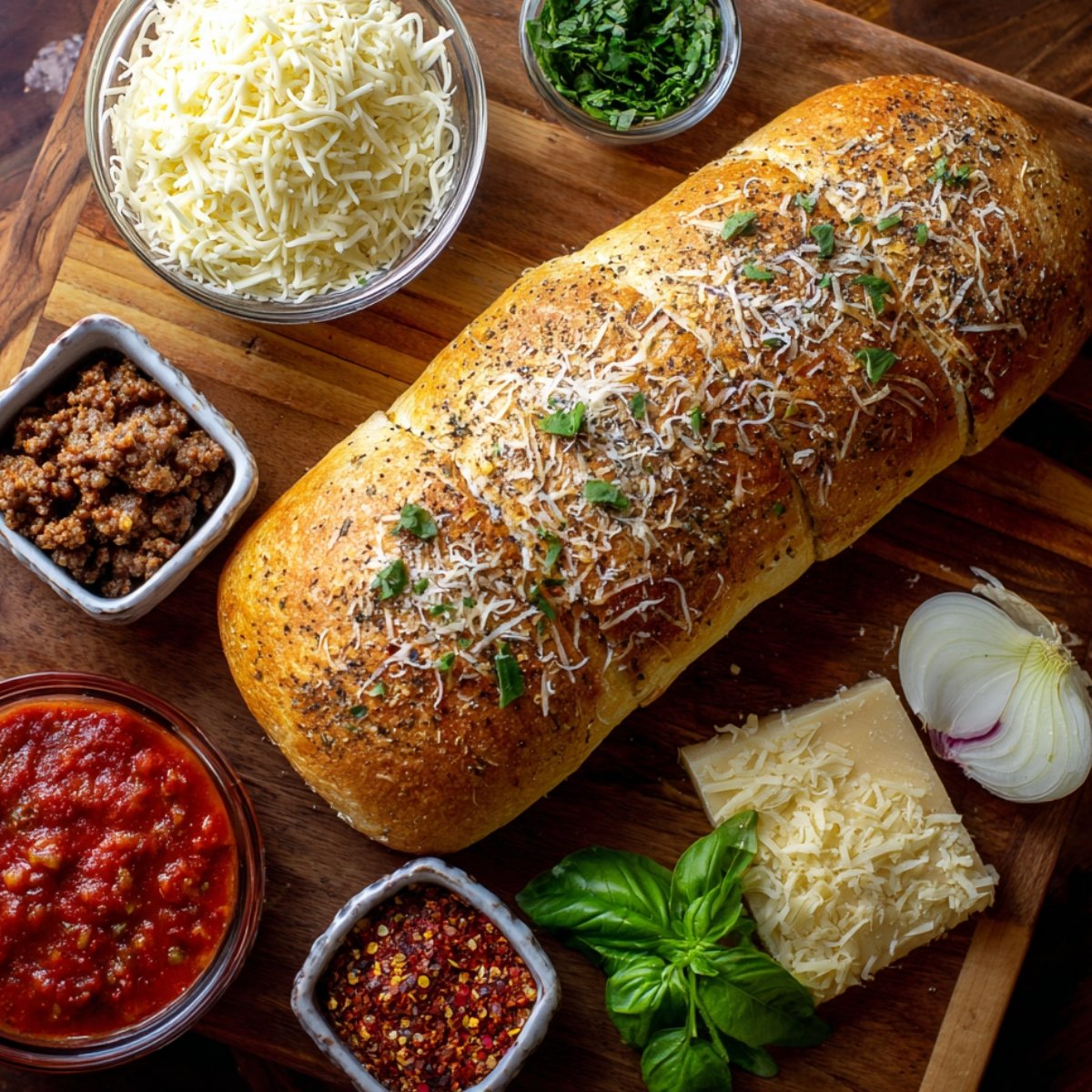 A collection of ingredients laid out for making spaghetti stuffed garlic bread, including garlic bread, pasta sauce, cheese, and herbs.