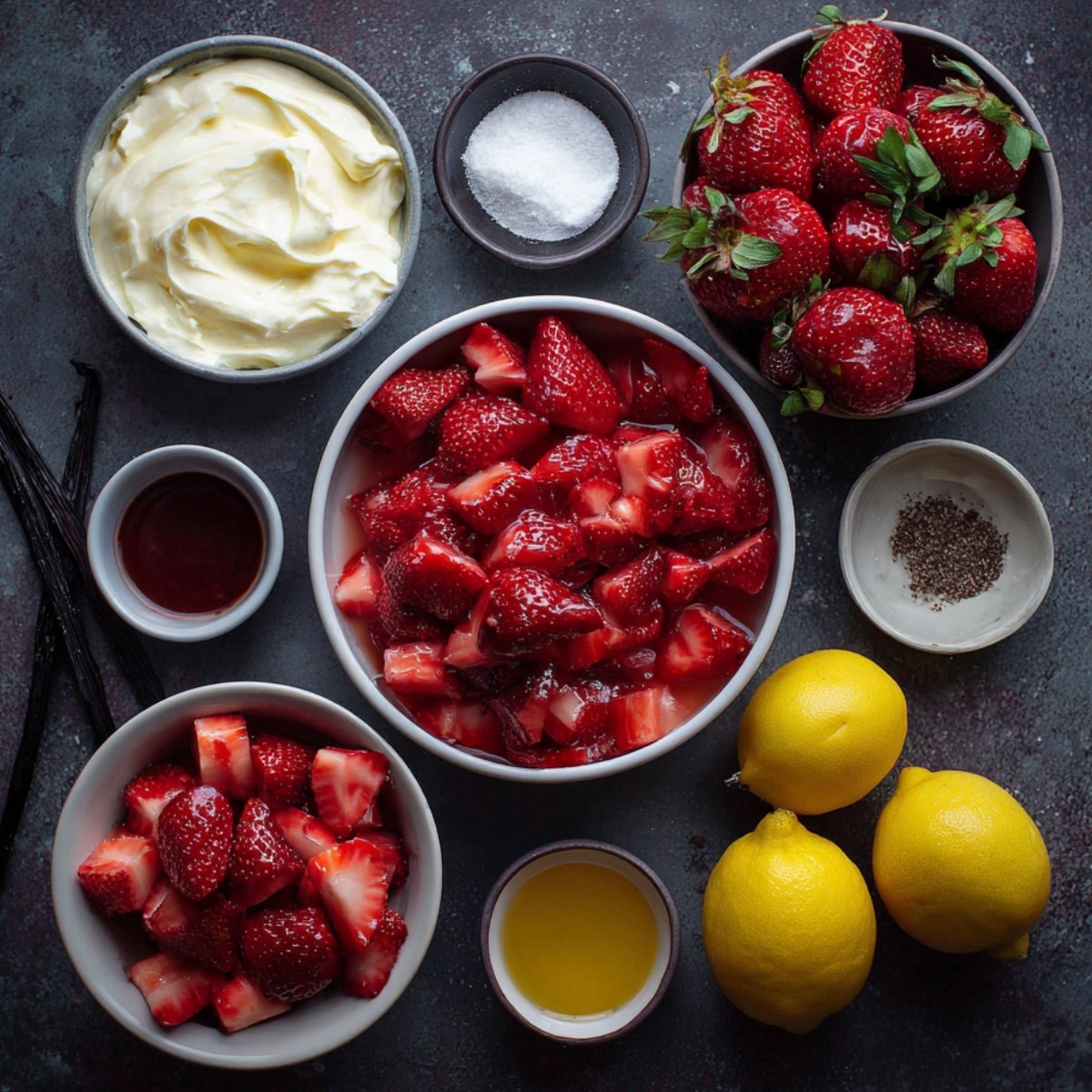 A variety of ingredients arranged for making strawberry ice cream, including fresh strawberries, cream, sugar, and vanilla.