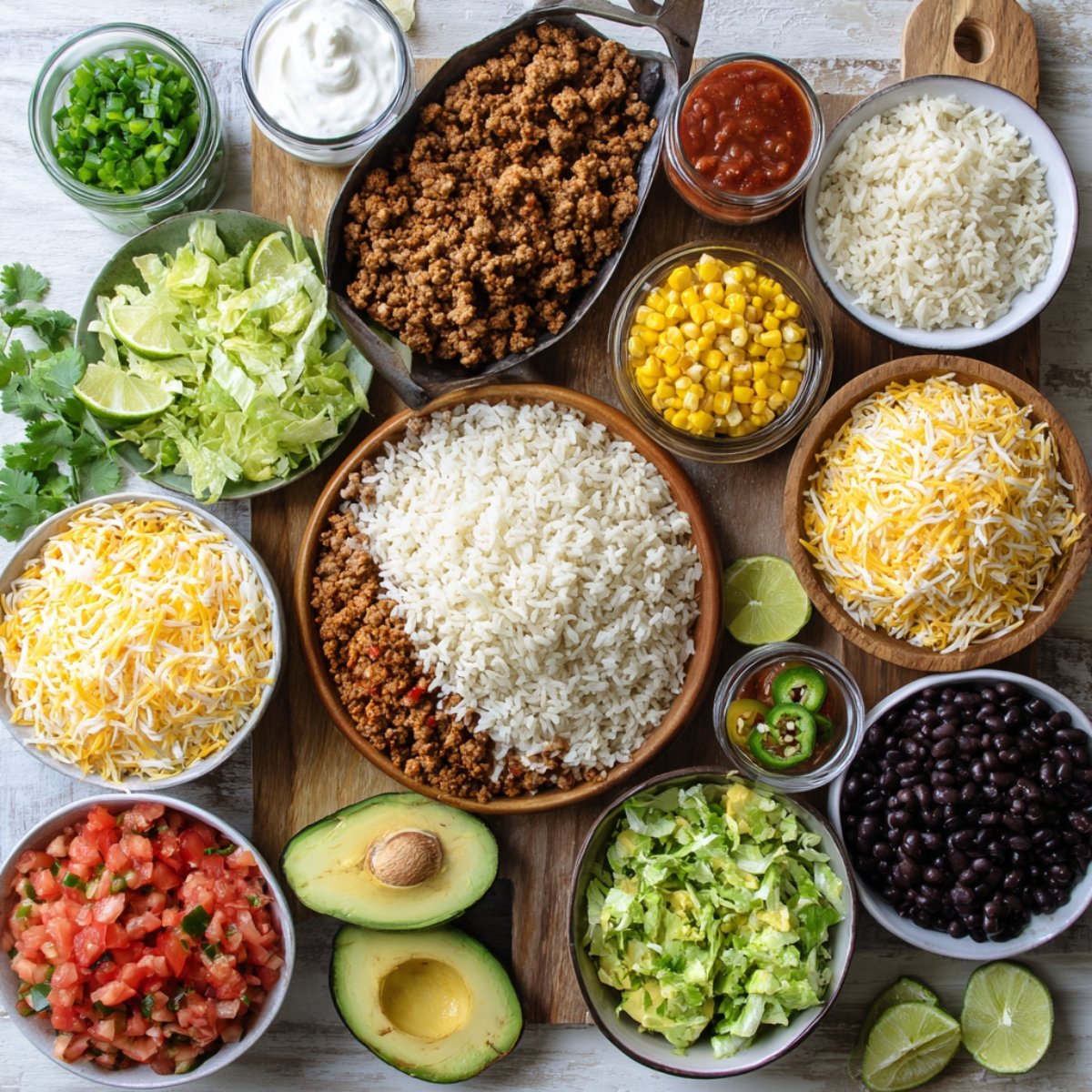 A beautifully arranged taco rice bowl with ground beef, shredded cheddar cheese, corn, avocado slices, salsa, sour cream, and fresh cilantro, served over a bed of white rice.