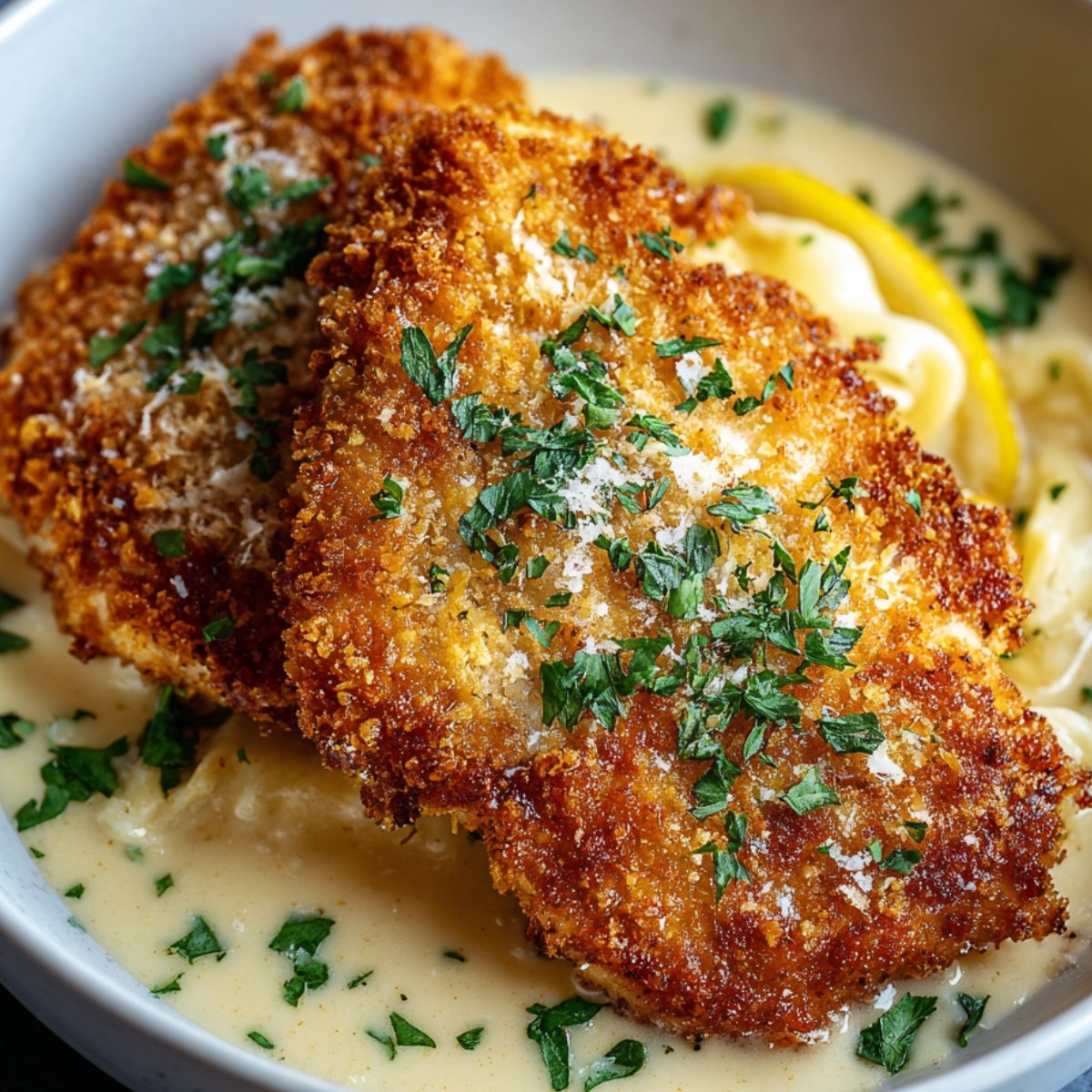 A plate with two crispy, golden pieces of Parmesan Crusted Chicken sitting in a creamy sauce, garnished with parsley.