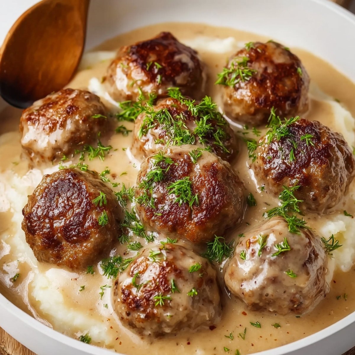 "Swedish meatballs served with a creamy gravy over mashed potatoes, garnished with fresh herbs."
