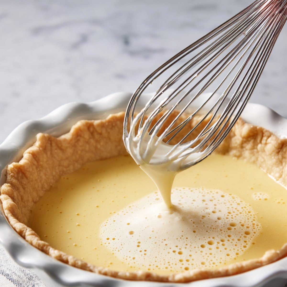 A close-up of a whisk pouring liquid into a pie crust, likely preparing a filling for a savory pie.