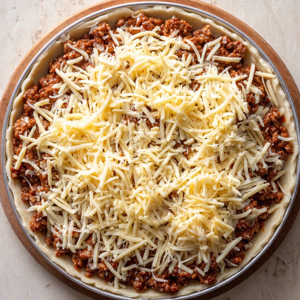 A pie crust filled with seasoned ground beef and topped with shredded cheese, ready to be baked.