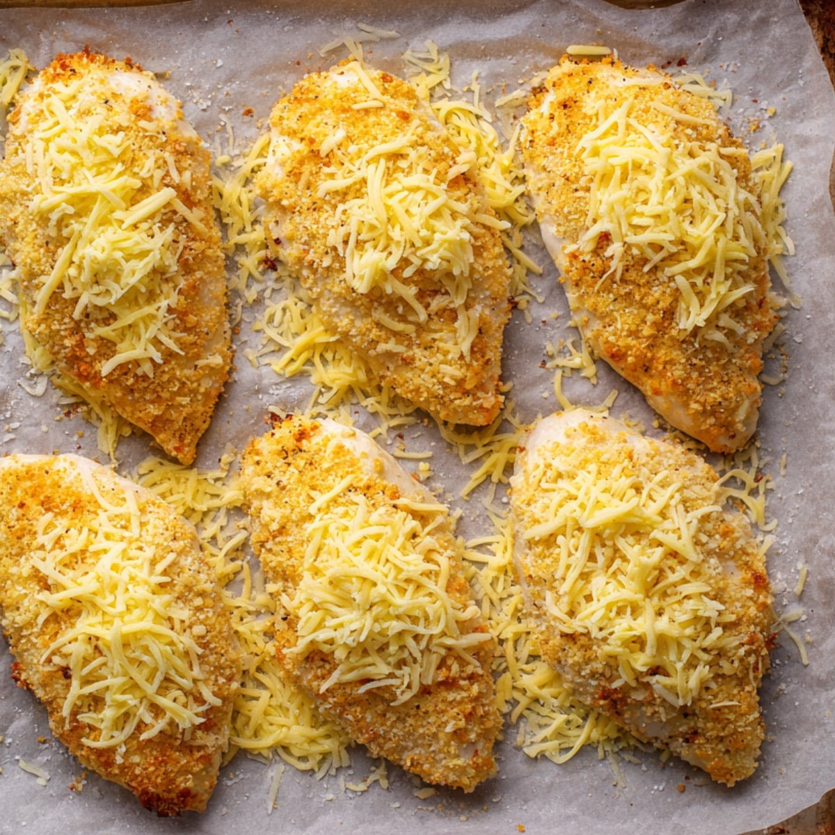 Several breaded chicken breasts topped with a generous layer of grated cheese, ready for baking, placed on a parchment-lined baking sheet.