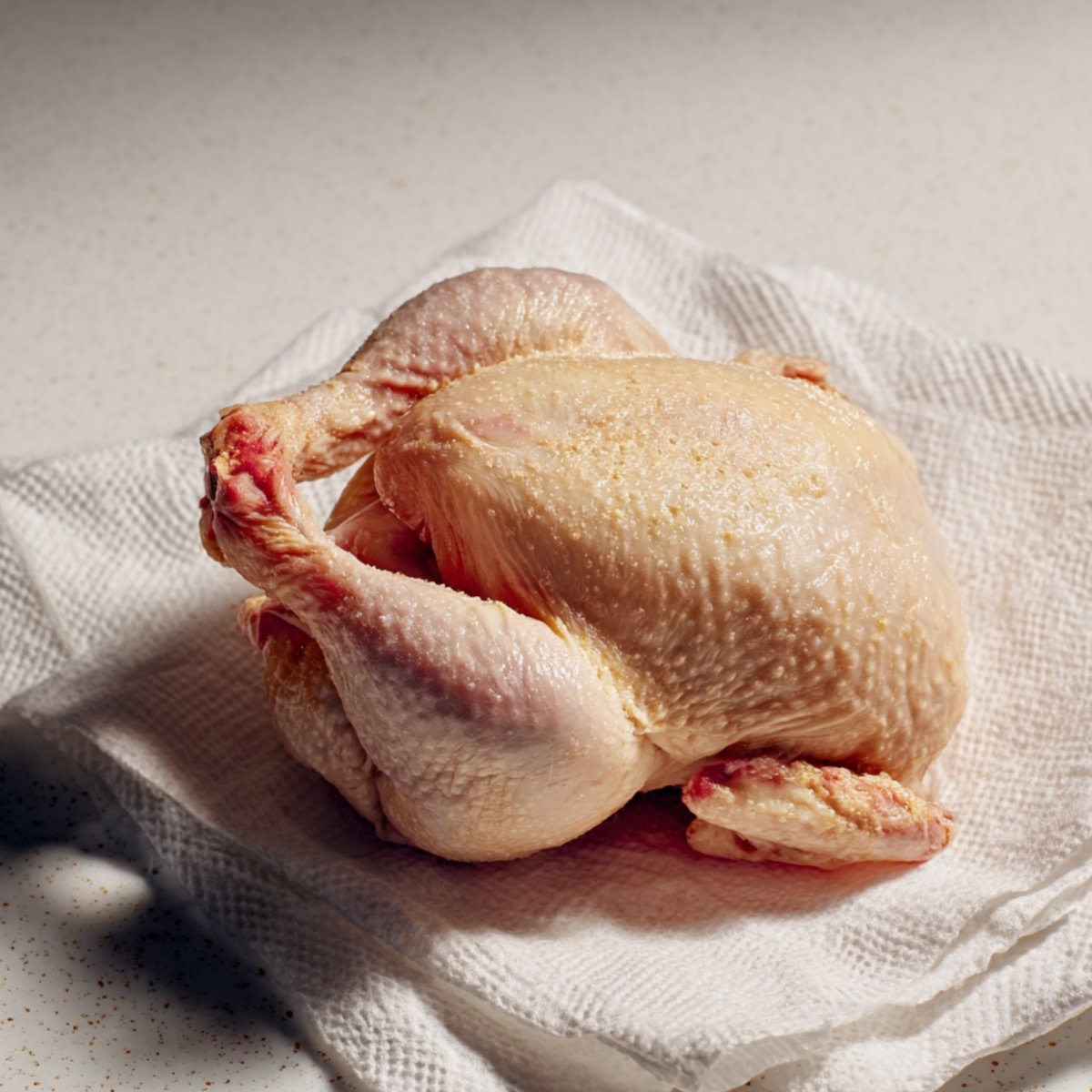 A raw whole chicken resting on a paper towel, ready to be seasoned or cooked.