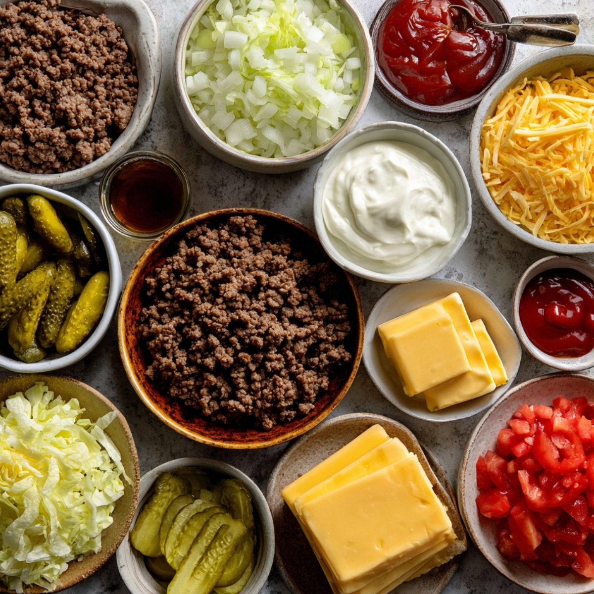 Various ingredients for a cheeseburger pie arranged in bowls, including ground beef, cheese, pickles, onions, ketchup, lettuce, and tomatoes.