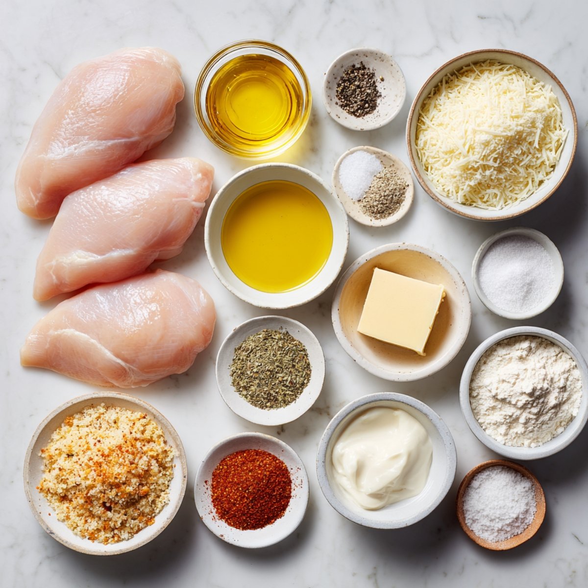 Various ingredients laid out on a marble countertop for making Parmesan Crusted Chicken, including chicken breasts, seasonings, oils, and cheese.