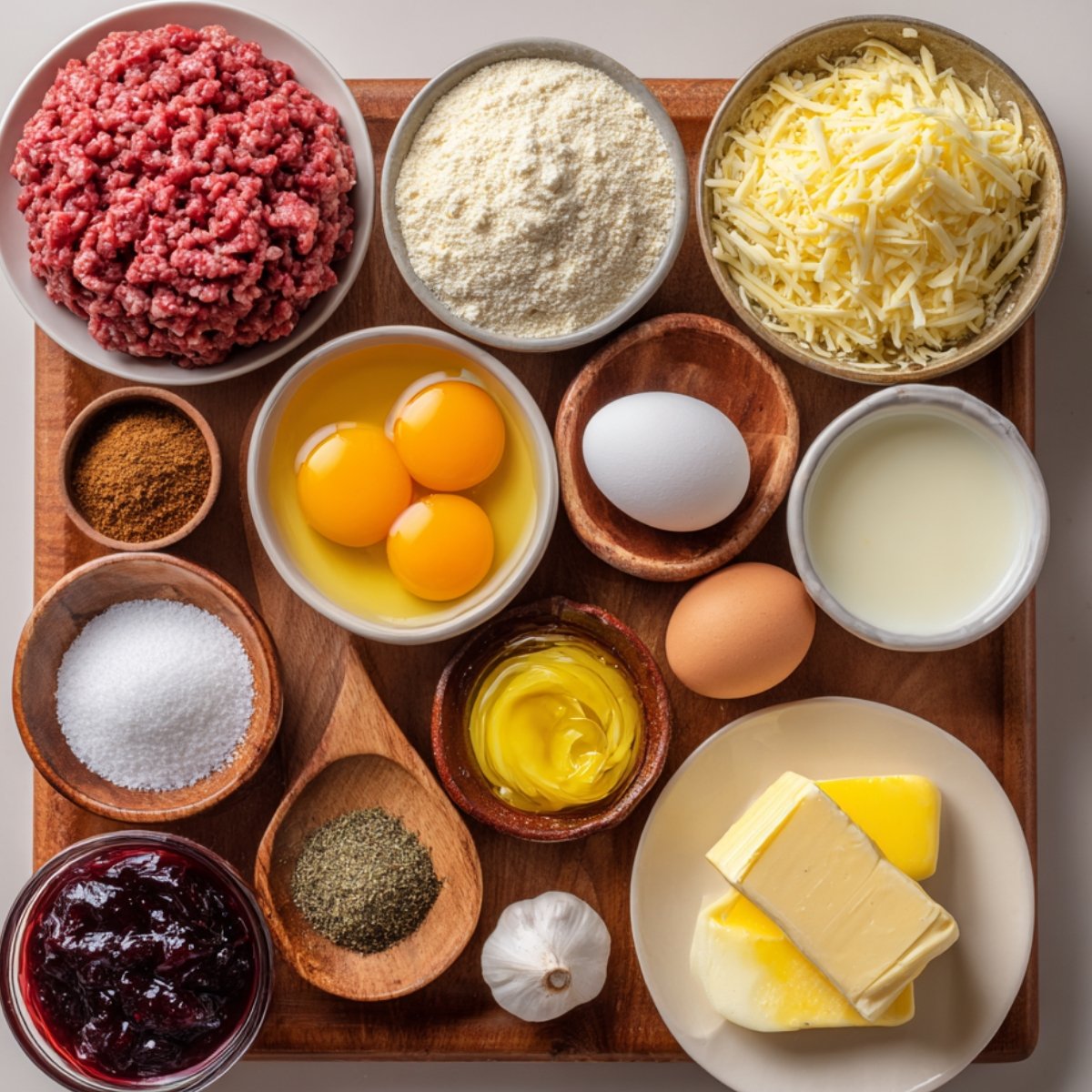 "Ingredients for Swedish meatballs: ground beef, eggs, garlic, flour, and other seasonings arranged in bowls."