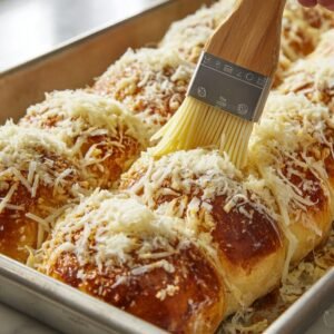 A pastry brush applying melted butter and grated cheese onto freshly baked rolls in a baking tray.