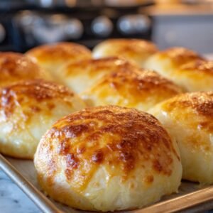 Freshly baked golden brown cheese-topped buns cooling on a baking tray in the kitchen.