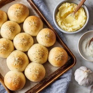 Tray of golden garlic rolls sprinkled with herbs and salt, served with bowls of garlic butter and Parmesan cheese on the side.