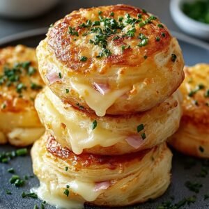 Golden puff pastry rounds filled with melted cheese and ham, stacked high and garnished with fresh chives.