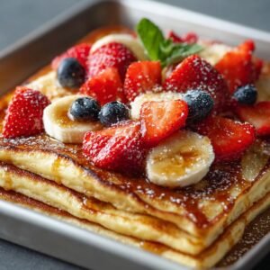 Stack of sheet pan pancakes topped with strawberries, bananas, blueberries, syrup, and a sprig of mint.