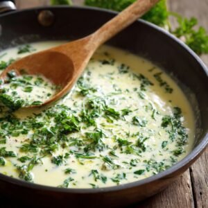 Creamy sauce with fresh herbs simmering in a skillet, ready to smother chicken and rice.