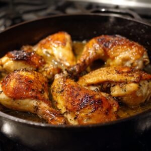 Golden-browned chicken pieces seared in a cast-iron skillet with herbs and butter.