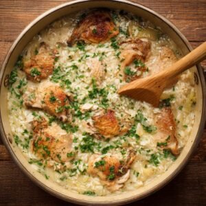 Creamy smothered chicken thighs simmered with fluffy white rice in a skillet, topped with fresh parsley.