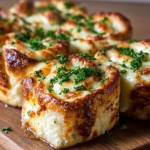 Baked garlic cheese rolls with melted cheese and parsley sprinkled on top, displayed on a wooden board.