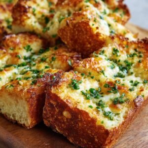 Close-up of golden-brown Parmesan onion bread squares topped with melted cheese and fresh herbs.