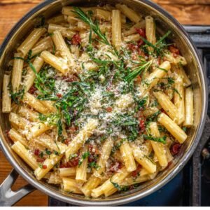 A skillet of rigatoni pasta tossed with peas, herbs, Parmesan cheese, and crispy pancetta or bacon, garnished with rosemary.