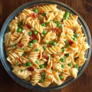 A glass bowl filled with cheesy rotini pasta mixed with peas, shredded carrots, and bacon pieces, topped with fresh herbs.