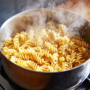 Steaming hot fusilli pasta freshly drained in a pot, ready to be combined with sauce and other ingredients.