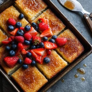 Golden sheet pan pancakes cut into squares, topped with fresh strawberries, blueberries, and syrup.