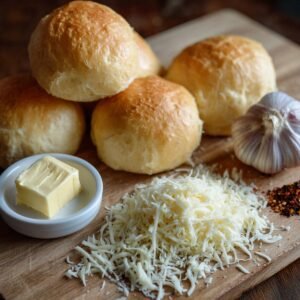 Freshly baked golden brown bread rolls placed on a wooden board with grated cheese, a garlic bulb, a pat of butter in a small dish, and a pinch of red chili flakes.