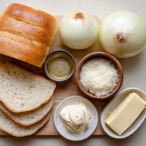 Ingredients laid out on a wooden board including bread slices, onions, butter, mayonnaise, Parmesan cheese, and oil.