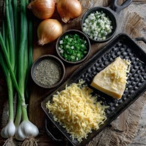 Fresh onions, garlic, green onions, Parmesan cheese, ground pepper, and chopped herbs displayed on a rustic board.
