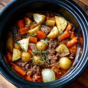 Slow cooker filled with tender beef chunks, carrots, potatoes, and onions in savory broth.