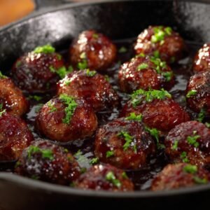 Glazed meatballs in a cast iron skillet, coated in dark sticky sauce and garnished with fresh green herbs.
