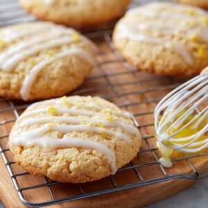 Golden cookies drizzled with lemon glaze cooling on a wire rack, with a whisk holding glaze nearby.