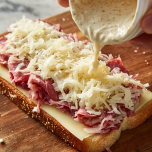 A slice of rye bread topped with Swiss cheese, corned beef, and sauerkraut is being drizzled with creamy Russian dressing from a small bowl.