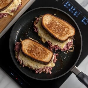 Two Reuben sandwiches grilling in a black skillet on an induction cooktop. The bread is golden brown and crispy, with melted Swiss cheese oozing around layers of corned beef inside.