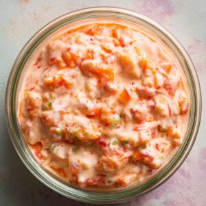 A glass bowl filled with homemade Russian dressing, showing a creamy coral color with visible bits of chopped pickles, onions, and peppers.