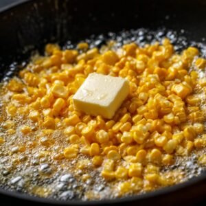 Golden corn sizzling in a skillet with a pat of butter melting in the center.