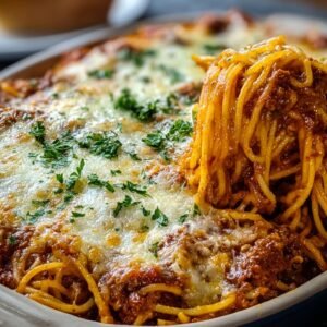 "A close-up of baked spaghetti recipe with meat sauce and melted cheese, being served with a fork lifting a portion."
