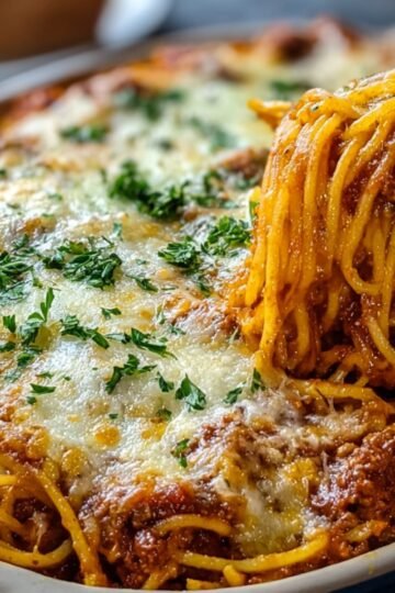 "A close-up of baked spaghetti recipe with meat sauce and melted cheese, being served with a fork lifting a portion."
