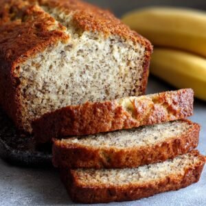 A sliced loaf of moist Banana Bread Recipe on a dark serving board, showing its soft interior with specks of banana and a golden-brown crust, with bananas in the background.