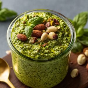 A jar filled with homemade basil pesto Recipe, topped with whole nuts and a fresh basil leaf, placed on a wooden surface with a golden spoon nearby.