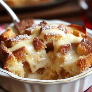 Close-up of a serving of warm bread pudding recipe in a white dish, drizzled with custard sauce and dusted with powdered sugar.