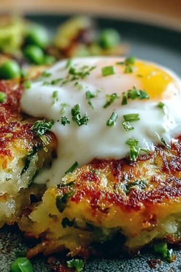 Bubble and Squeak Recipe A plated dish of crispy potato cake topped with a fried egg, garnished with chives and accompanied by peas.