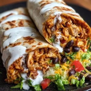 Two cut Burrito Recipe on a plate, stuffed with chicken, black beans, cheese, lettuce, and topped with creamy white sauce.