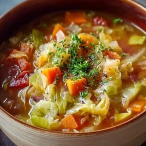 A close-up bowl of homemade cabbage soup with chunks of carrot, tomato, and cabbage, garnished with fresh parsley and cracked pepper.
